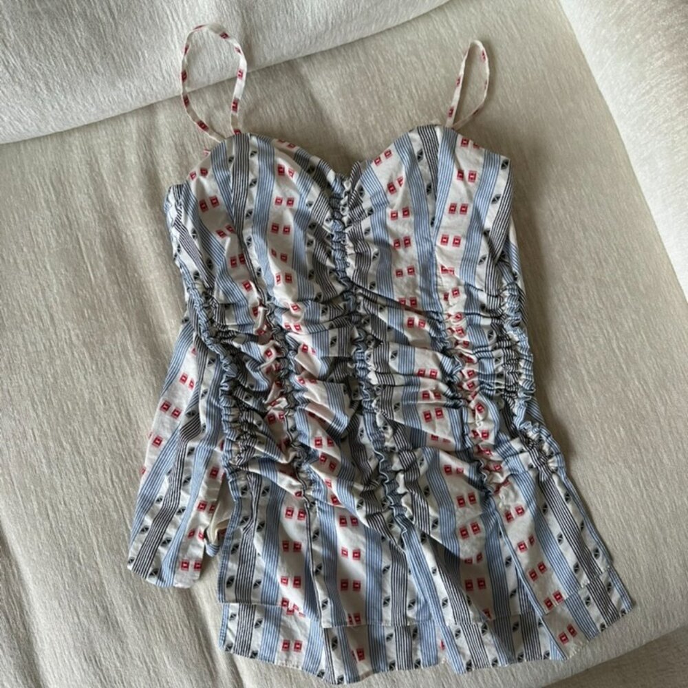 Carven red blue and white strappy ruched tank top